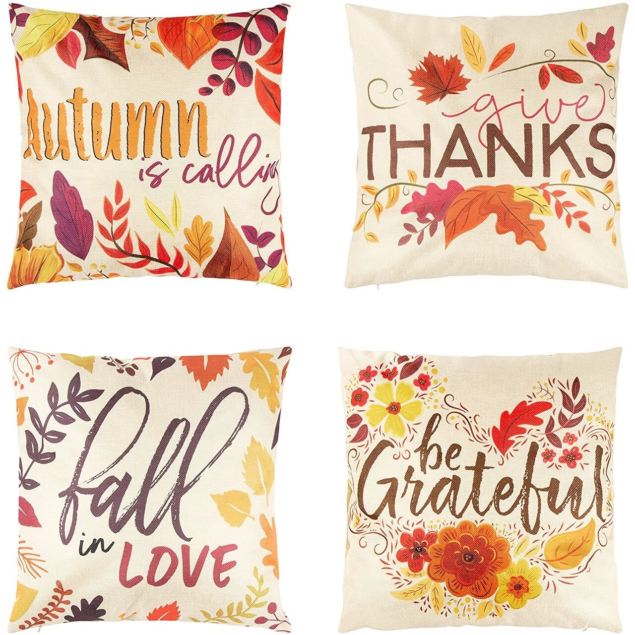 Set of 4 Thanksgiving Throw Pillow Covers with Seasonal Fall Quotes, 4 Autumn Designs (17 x 17 In)